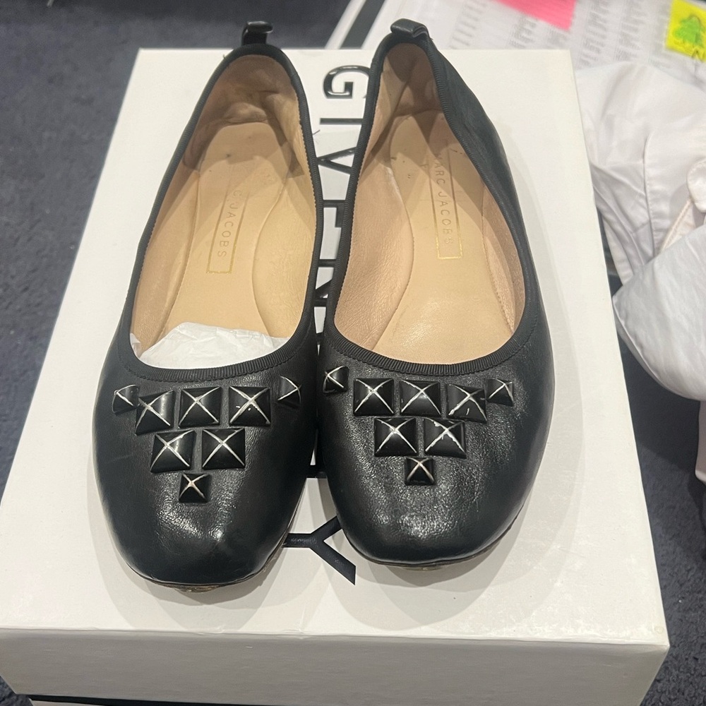 Marc Jacobs Black Leather Stud-Embellished Ballet Flats